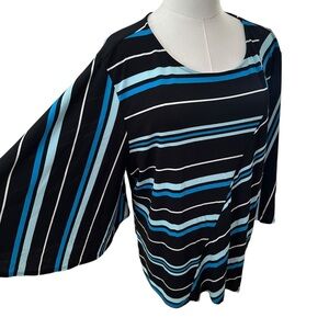 Women's XXL Black Blue Striped Stretch PLUS Flare Half Sleeve Boxy Work Blouse